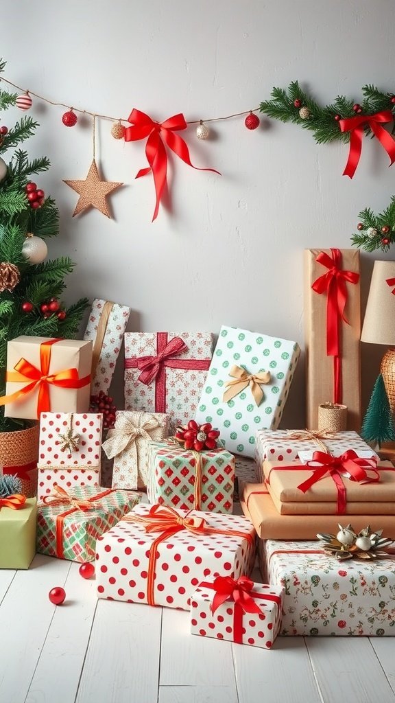 A festive gift wrapping station with colorful wrapped presents, ribbons, and holiday decorations.