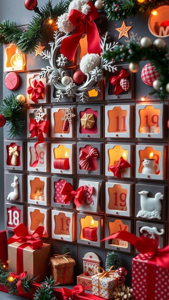 A beautifully decorated advent calendar with gifts and festive decorations.