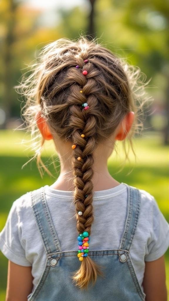 A girl with a Dutch braid adorned with colorful beads, wearing a denim overall.