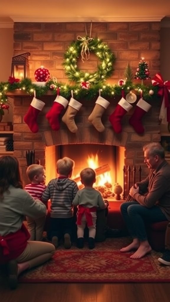 A cozy family portrait by the fireplace with stockings and holiday decorations.