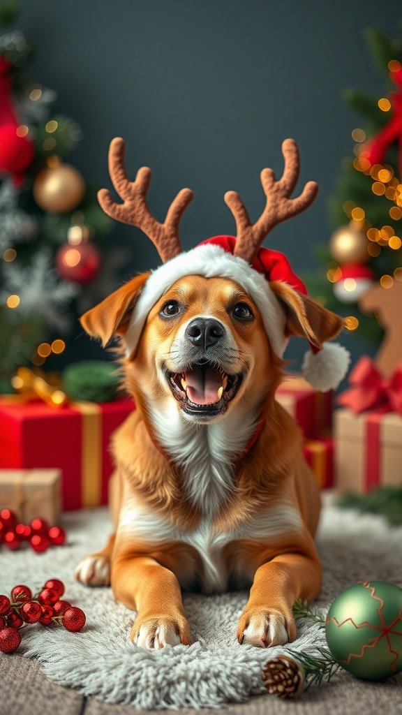 A happy dog wearing reindeer antlers and a Santa hat, surrounded by holiday decorations.