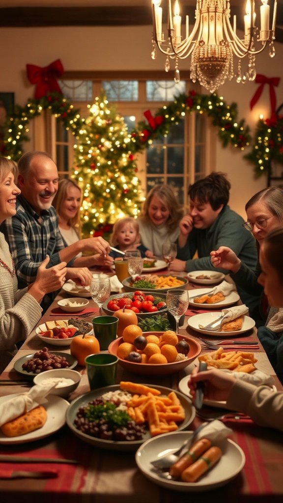 A warm holiday dinner scene with family gathered around a table filled with food, smiling and enjoying each other's company.