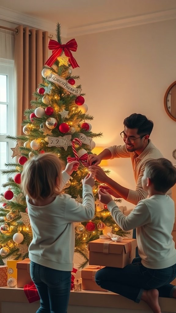 A family decorating a Christmas tree together.