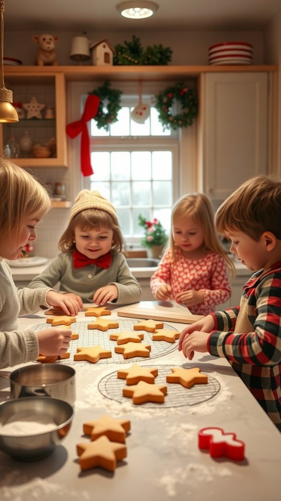 Children baking holiday cookies in a cozy kitchen.