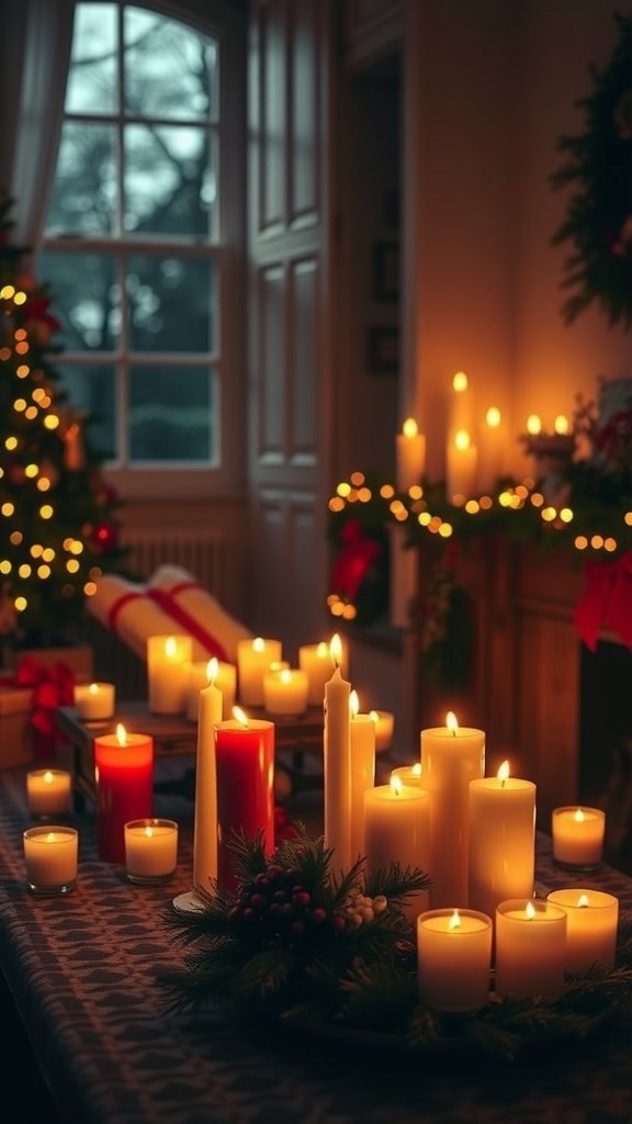 A cozy room decorated for Christmas with candles and a tree.