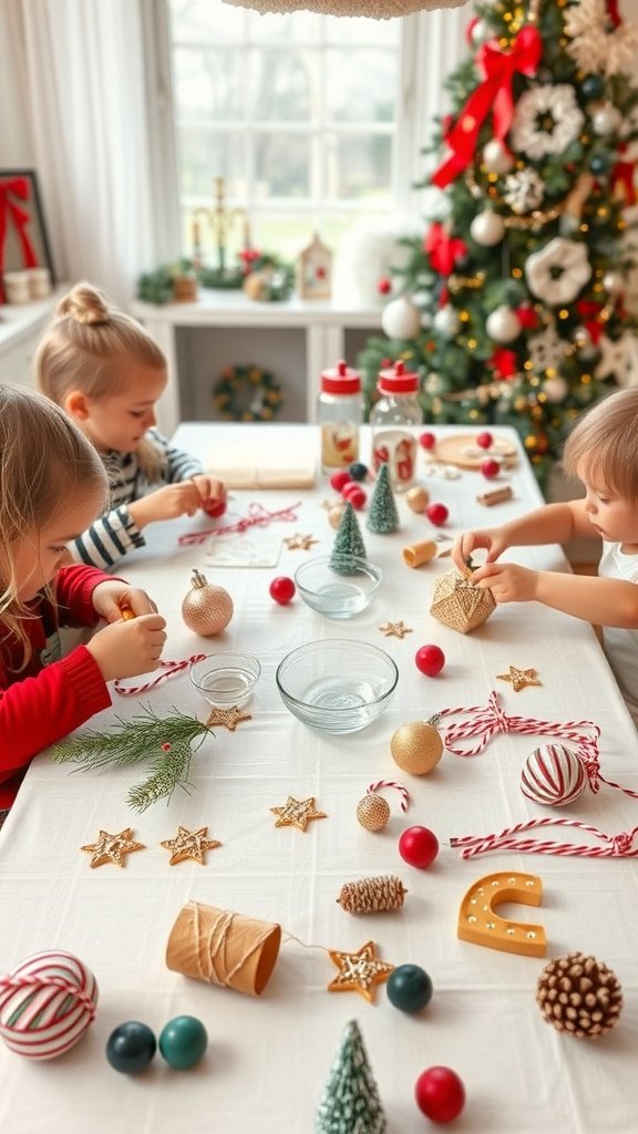 Children making DIY holiday ornaments at a table decorated with craft supplies.