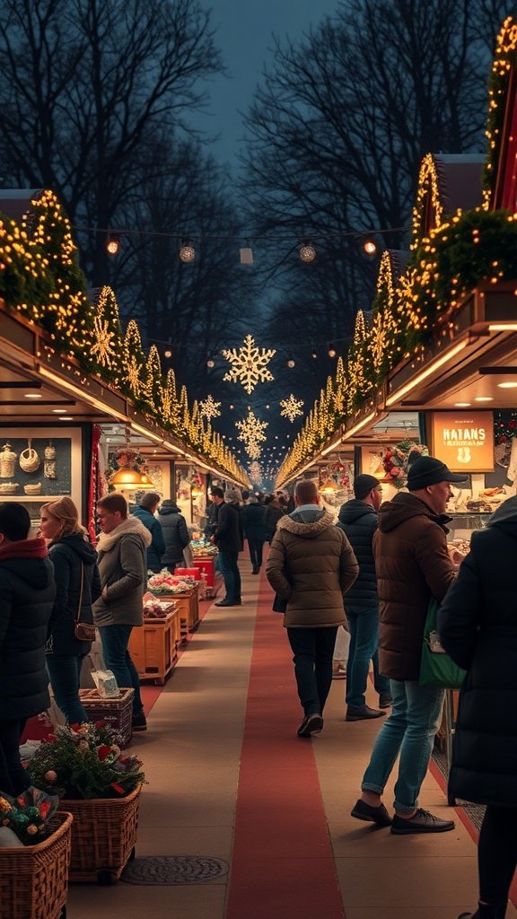 A festive holiday market with lights and decorations, featuring people shopping and enjoying the atmosphere.