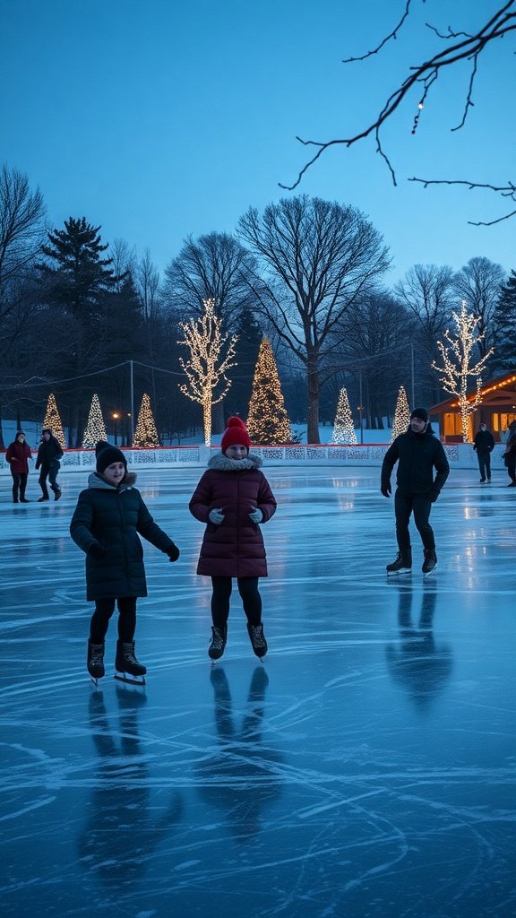 Two children ice skating outdoors with festive lights in the background.