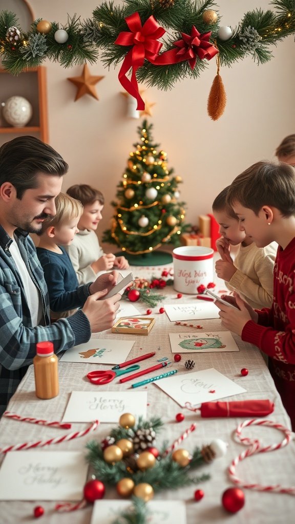 A family gathered around a table, making personalized holiday cards with decorations and a Christmas tree in the background.