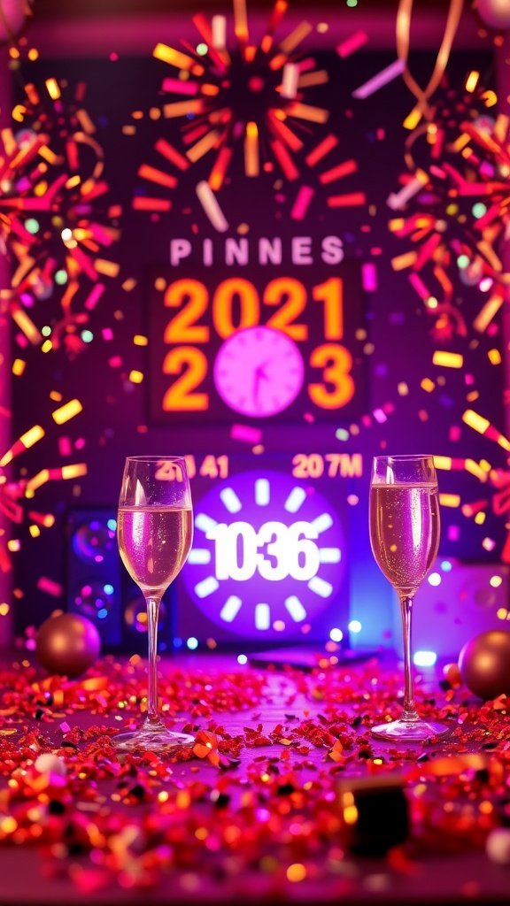 New Year's Eve celebration with champagne glasses, colorful decorations, and a countdown clock.