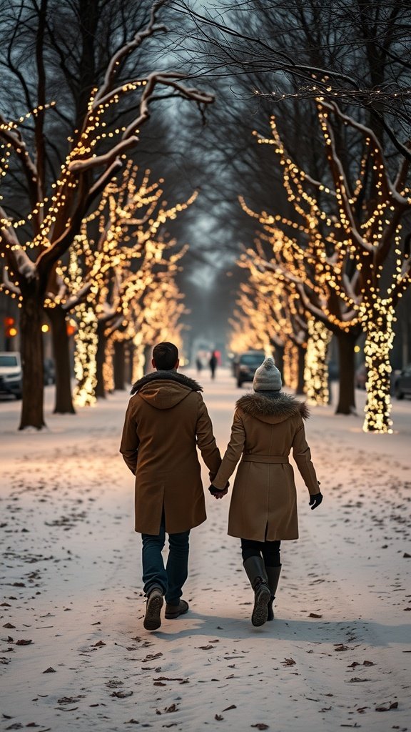 A couple walking hand in hand on a snowy street lined with trees adorned with lights.