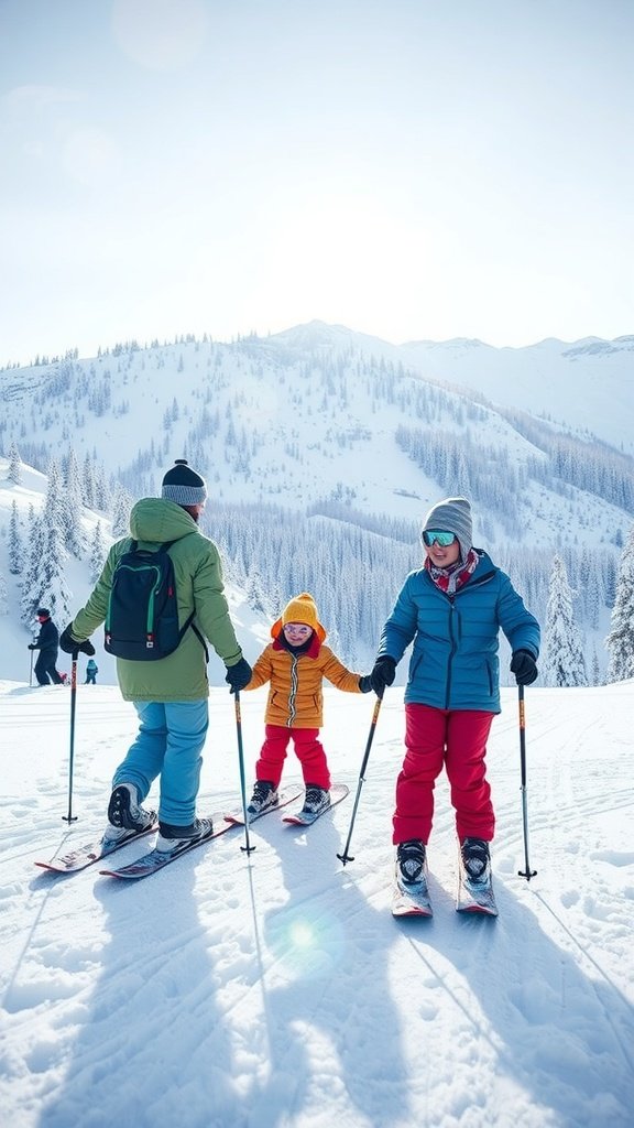 A family skiing on a snowy mountain, enjoying winter sports together.
