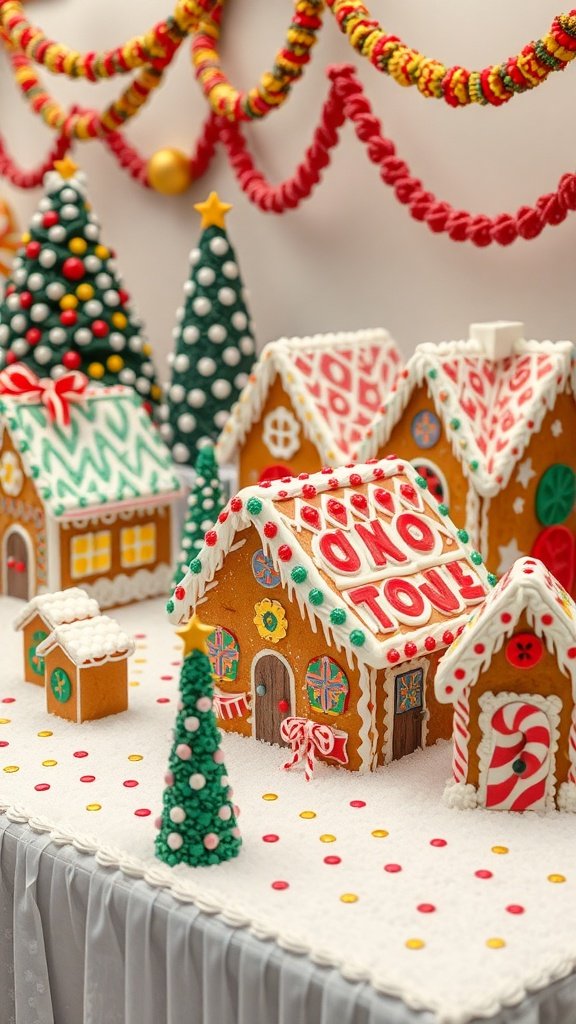 Colorful gingerbread houses decorated with candies and icing.