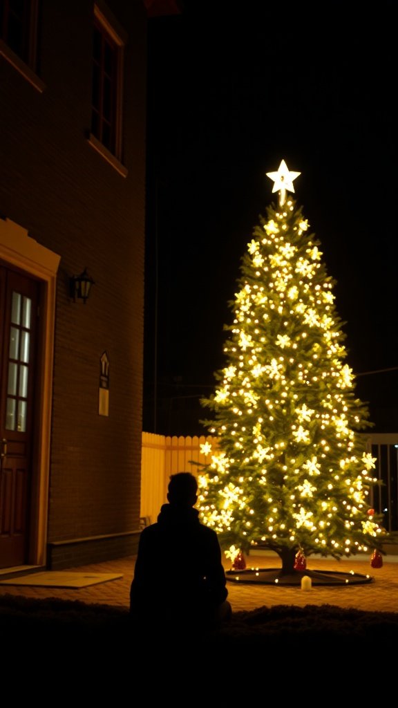 A person sitting in front of a beautifully lit Christmas tree at night.