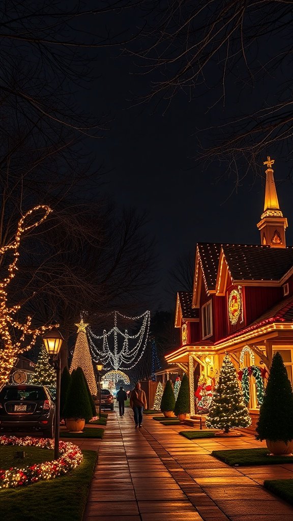 A beautifully decorated street with Christmas lights and festive decorations.