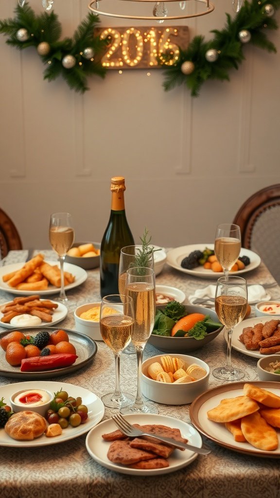 A festive New Year’s Day brunch table with various dishes and champagne.