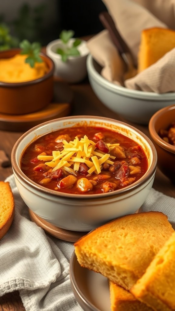 A bowl of hearty chili topped with cheese, served with slices of cornbread.