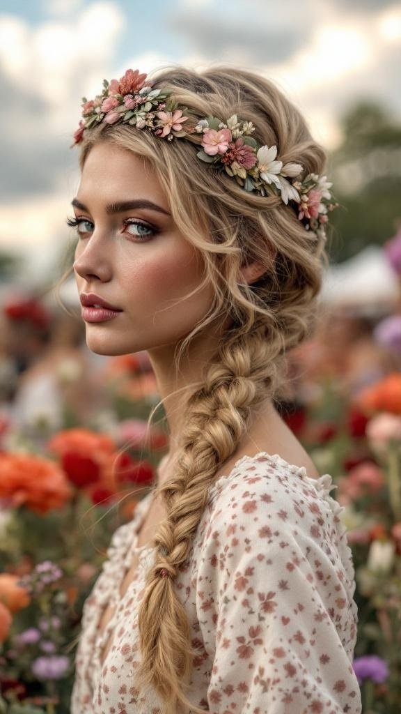 A woman with a Dutch braid and floral headband, surrounded by colorful flowers.