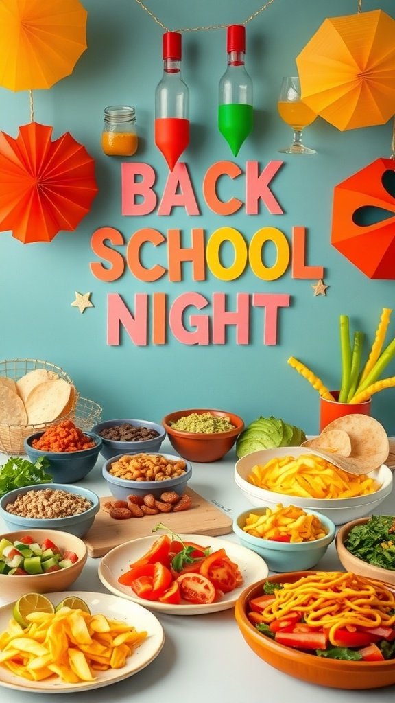 Colorful taco bar setup with various toppings and decorations for back-to-school night.