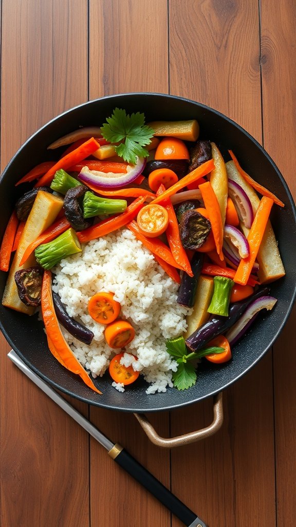 A vibrant vegetable stir-fry with assorted vegetables and rice in a pan.
