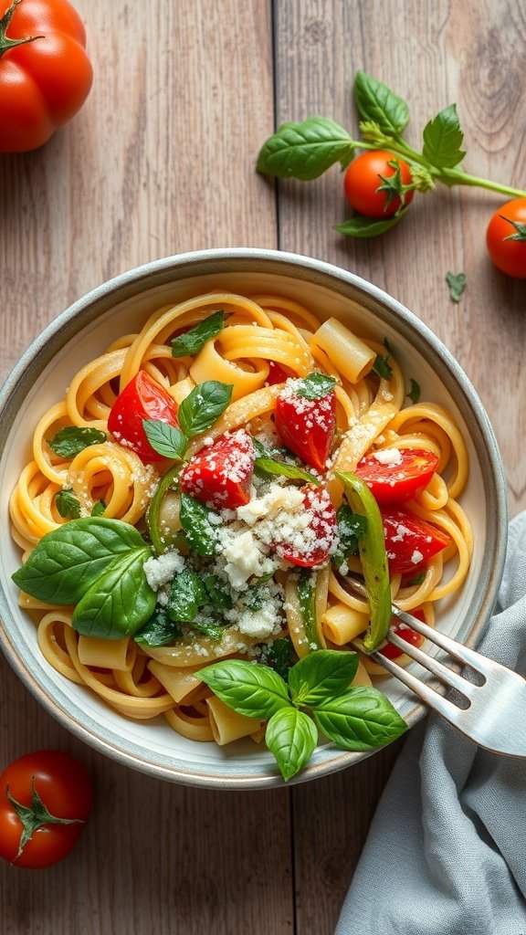 A bowl of pasta primavera with colorful vegetables and basil.