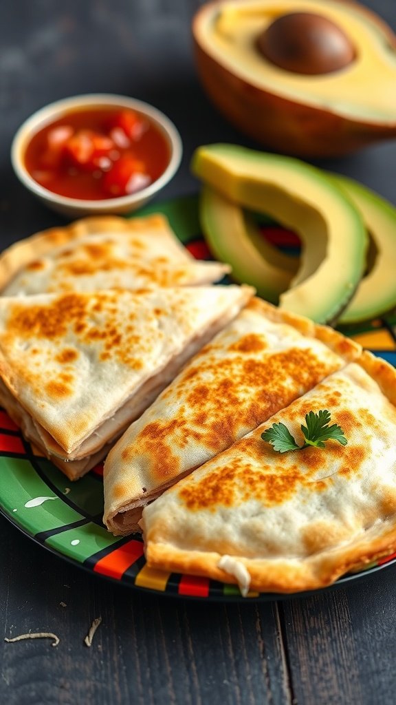 A plate of baked chicken quesadillas with avocado and salsa.