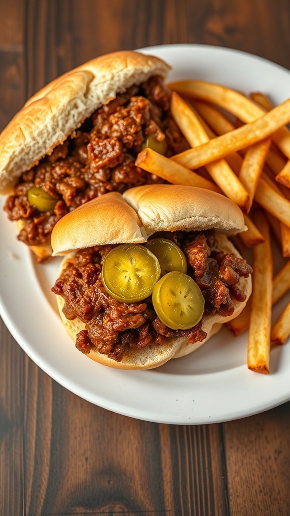 Two sloppy joe sandwiches with pickles and fries on a plate.