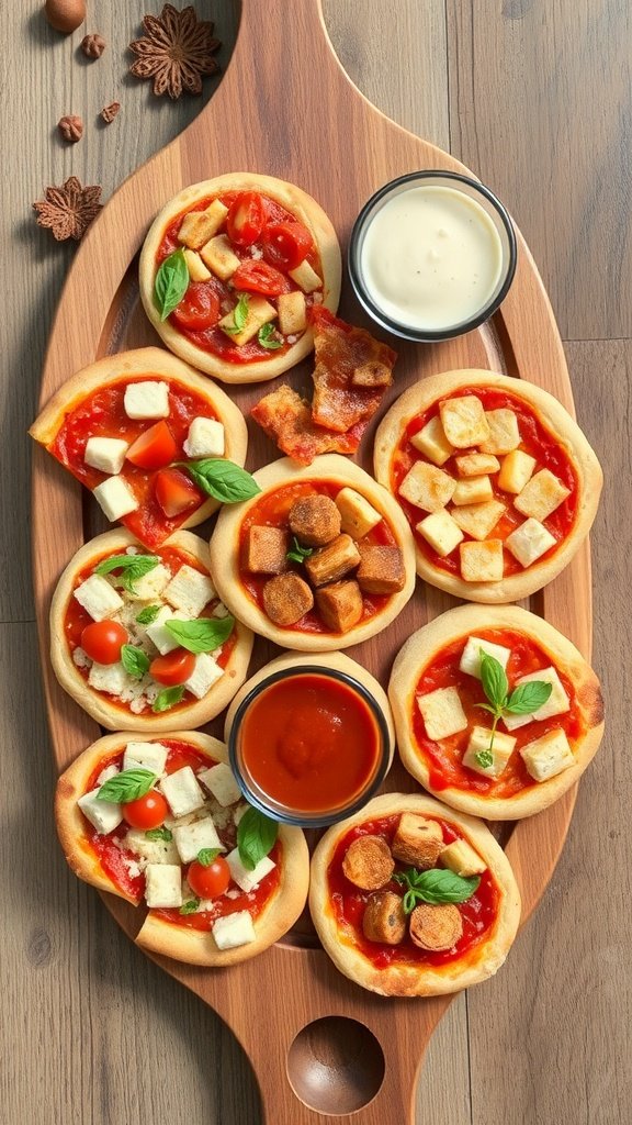 A wooden platter with various mini pizzas topped with ingredients like tomatoes, cheese, and herbs.