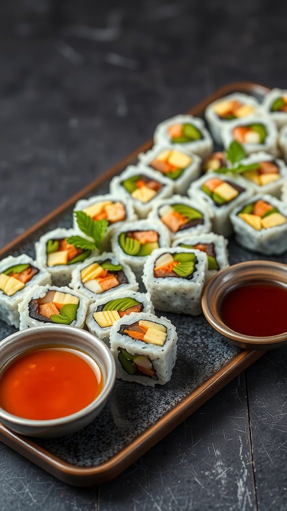 A platter of colorful homemade sushi rolls with dipping sauces.