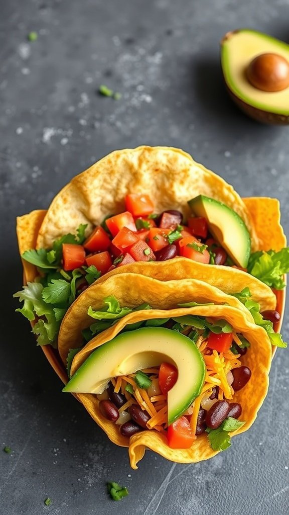 Colorful taco salad bowls with toppings like lettuce, tomatoes, beans, and avocado.