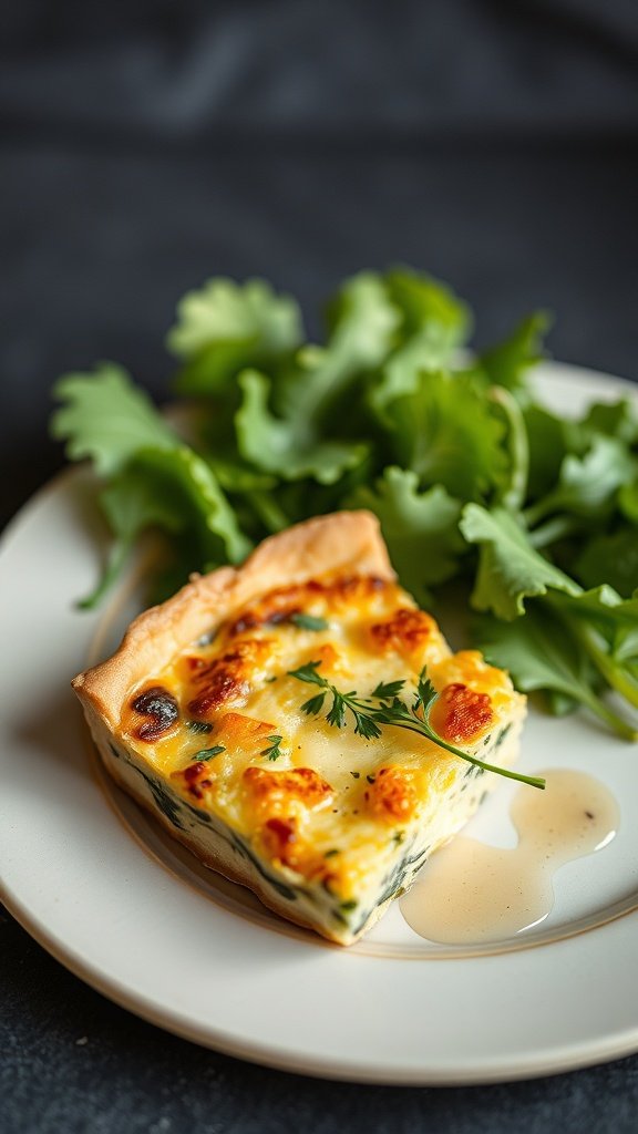 A slice of savory quiche served with mixed greens on a plate.