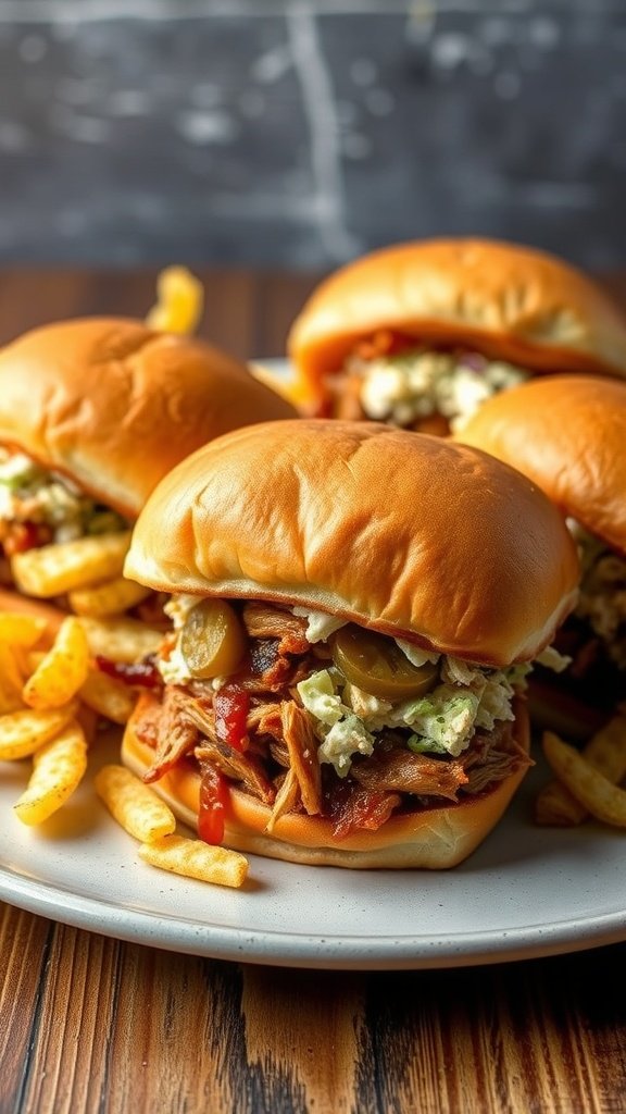 BBQ pulled pork sandwiches with fries on a plate.
