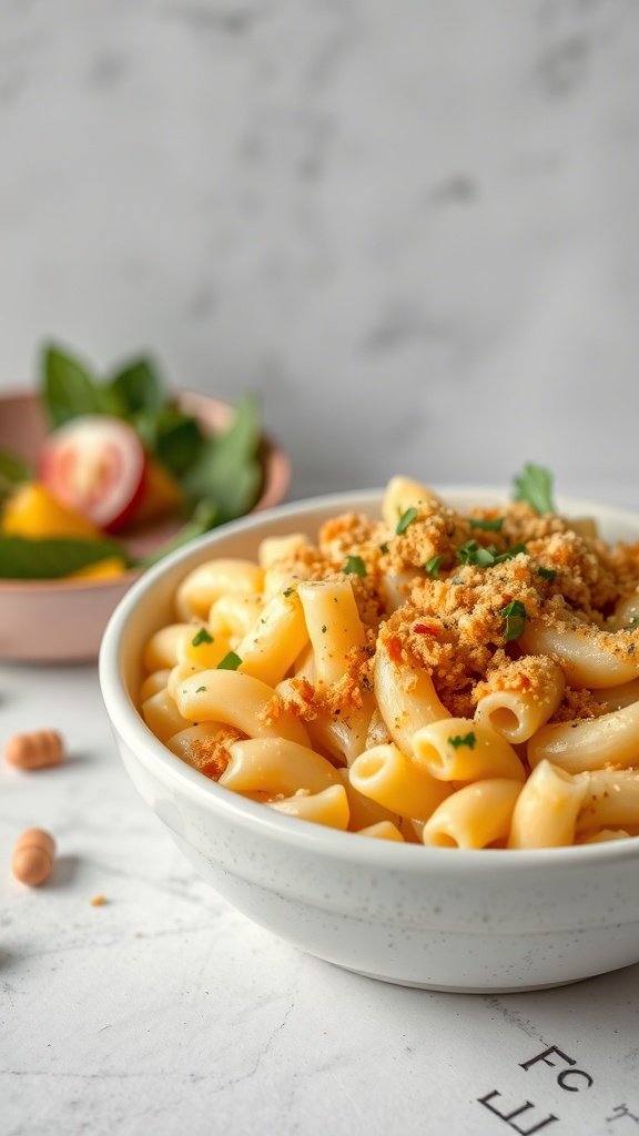 A bowl of creamy macaroni and cheese topped with breadcrumbs, with a side of fresh salad.