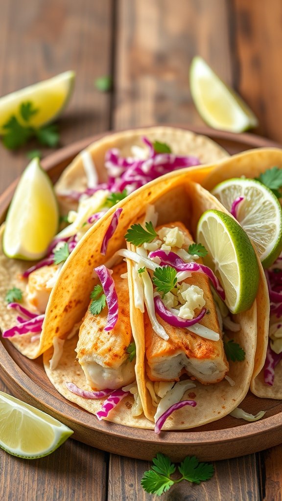 Delicious fish tacos with cabbage slaw and lime wedges on a wooden plate.