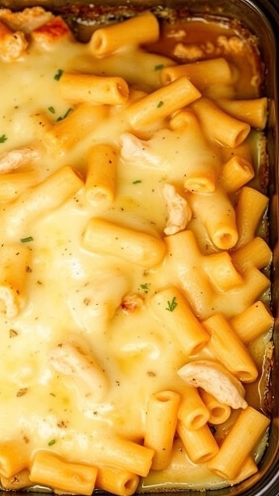 A close-up of Chicken Alfredo Bake with pasta and melted cheese.
