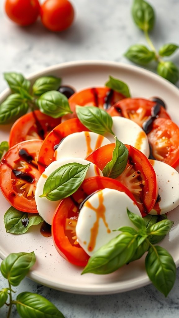 A plate of Caprese salad featuring sliced tomatoes, mozzarella cheese, fresh basil, and balsamic glaze.