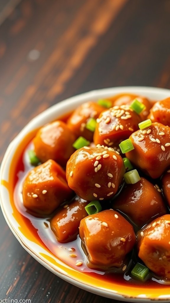 A plate of sweet and sour meatballs garnished with green onions and sesame seeds.