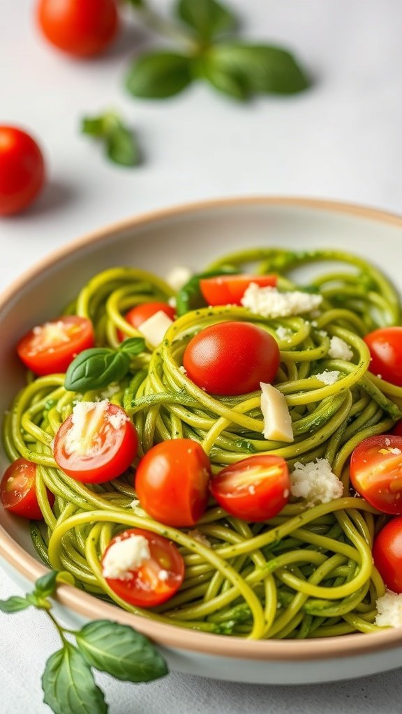 A bowl of zucchini noodles topped with pesto, cherry tomatoes, and basil.