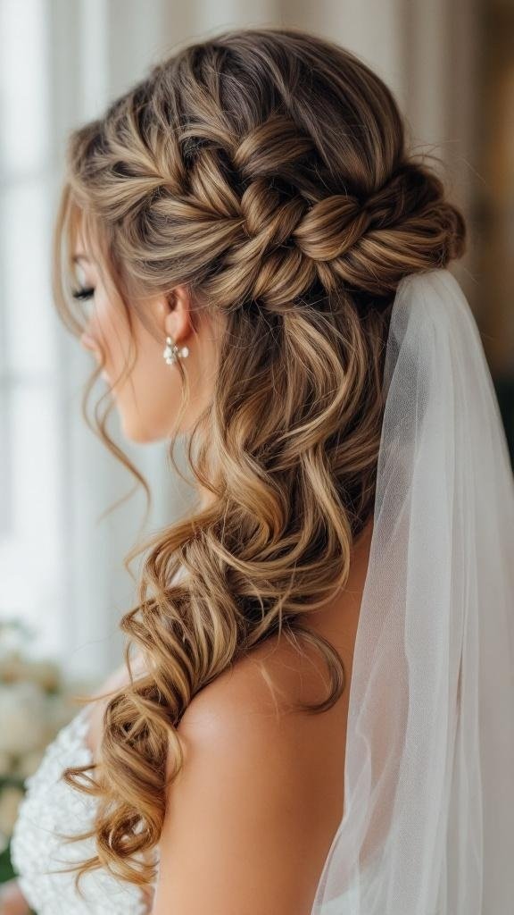 A bride with a side-swept braided updo, featuring loose curls and a veil.