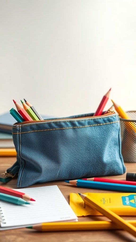 A DIY pencil case made from old jeans, filled with colorful pencils, sitting on a wooden desk.