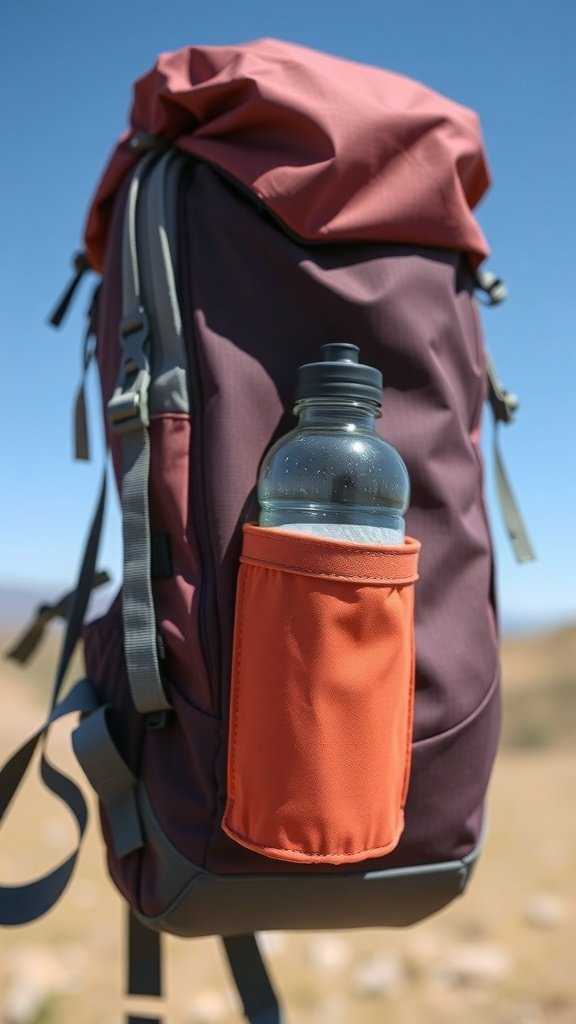 A backpack with a water bottle holder on the side, featuring a clear bottle in an orange pocket.