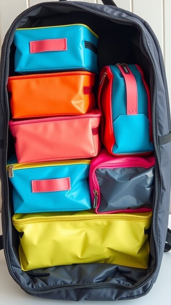 Color-coded packing cubes in a backpack.