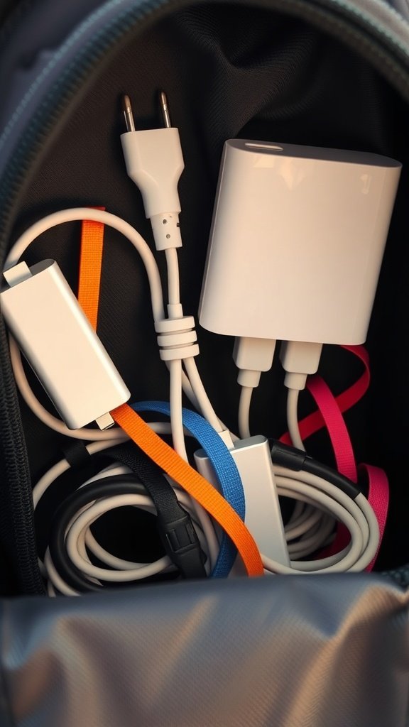 Organized cables and chargers secured with elastic bands in a backpack.