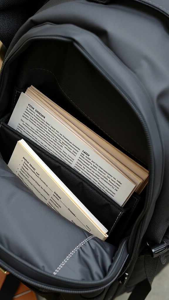 A pocketed folder with documents inside a backpack.