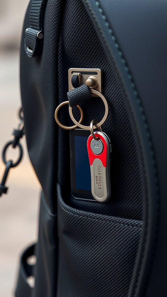 Close-up of a black backpack with a magnetic key holder and keys attached.