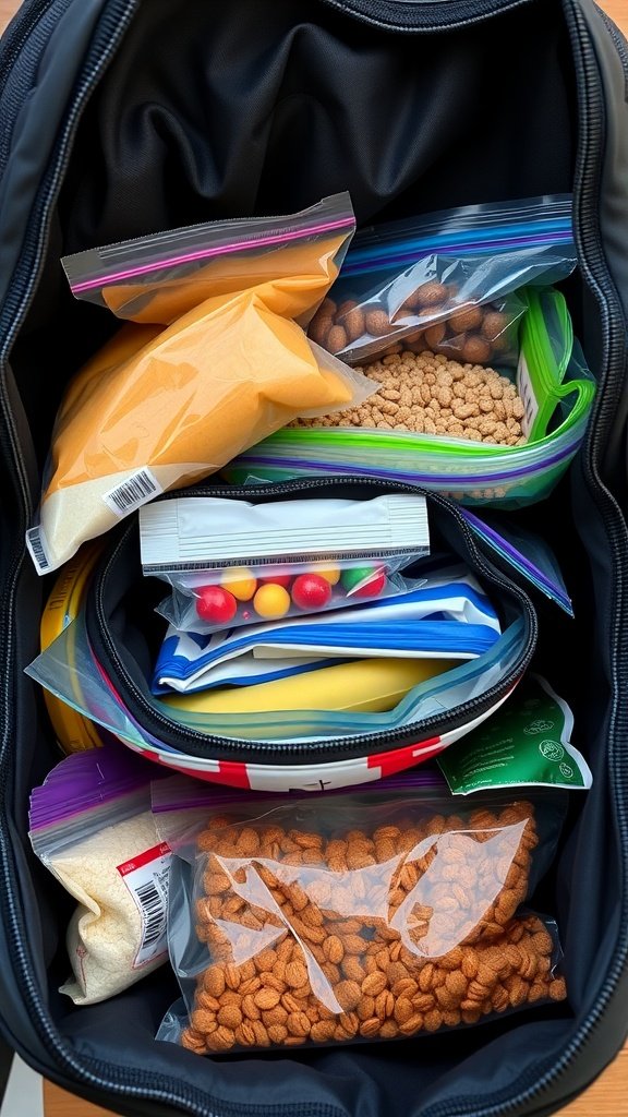 A backpack filled with various zipper bags containing snacks.