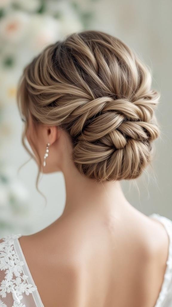 A beautiful twisted braided chignon hairstyle, showcasing intricate braids and soft twists.