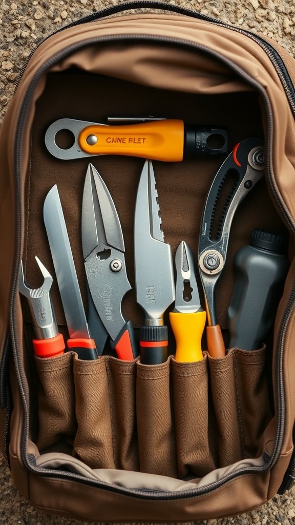 A multi-purpose tool holder with various tools organized in a backpack.