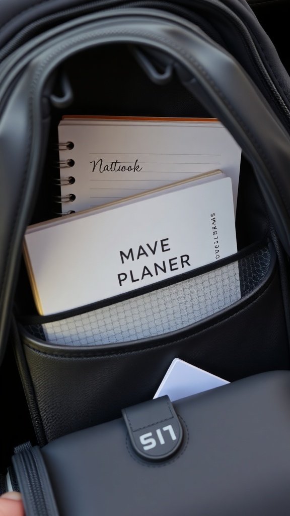 A close-up of a backpack interior showing a notebook and planner neatly organized in a sleeve.