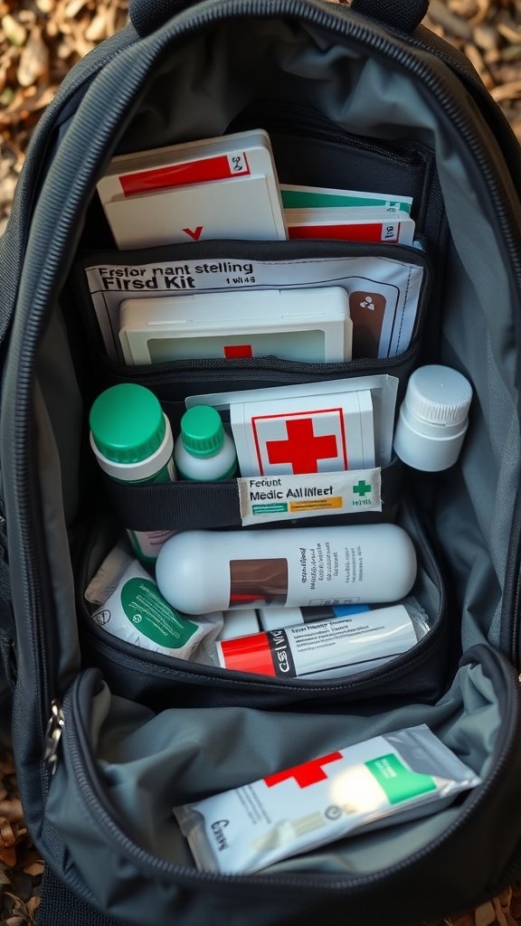 A well-organized first aid kit inside a backpack, featuring various medical supplies.
